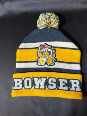 Nintendo Super Mario Bowser Knit PomPom Beanie Hat Yellow Black OS Official